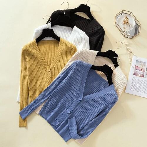 Sweater Women V-Neck Long Sleeve Single Breasted Slightly Cropped Cardigan Autumn Winter Soft Ribbed Knitted Cardigans Knitwear