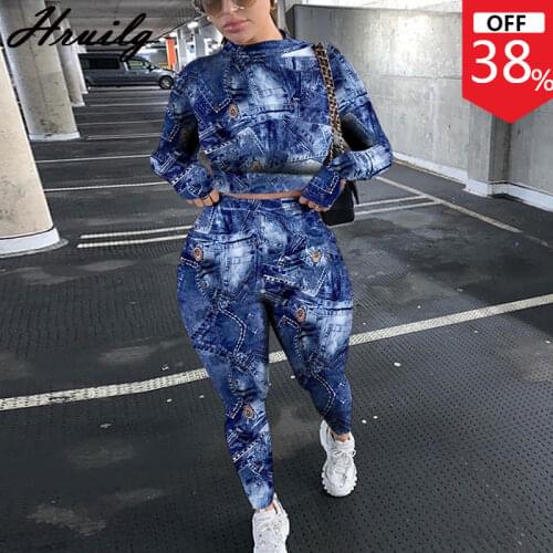 Wholesale Casual Women Two Piece Outfits Imitation Denim Print 2 Piece Outfits For Women Pants and Top Fashion 2 Peice Sets
