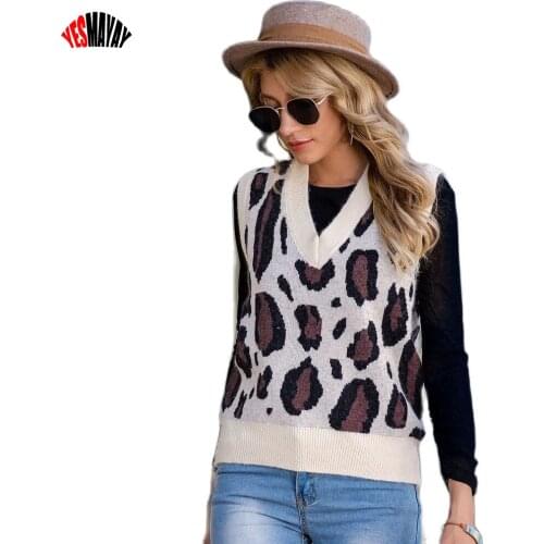 Knitted Vest Sweater Women Leopard Korean Style Sleeveless 2021 Fashion Knitted V-Neck Chic Tops Female Coats Leisure Outwear