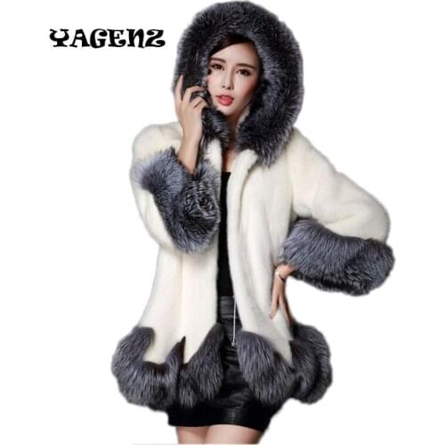 High imitation fur coat women silver fox fur collar hooded rabbit fur coat medium-long overcoat plus size S-4XL winter coat