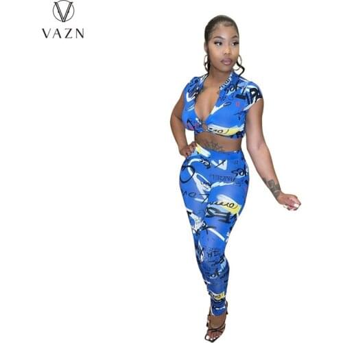 VAZN 2021 Autumn High Quality Open Vintage Sexy Club Short Sleeve Group Long Pencil Pants Slim Women 2 Piece Set
