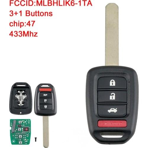 4 Buttons 433MHz Keyless Remote Car Key Fob with ID47 Chip MLBHLIK6-1TA Fit for 2016 2017 2018 2019 Honda Civic
