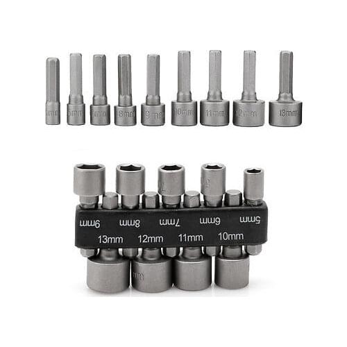 9Pcs 5-13mm Power Nut Driver Drill Bit 1/4" Hex Shank metric Socket Wrench Screw Wrench Bionic Torque
