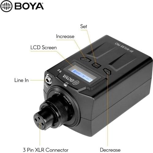 BOYA BY-WXLR8 Pro 48-Channel Microphone Set Transmitter Plug-on LCD Display XLR 3.5mm LINE IN with BOYA BY-WM8 /BY-WM6 Receiver