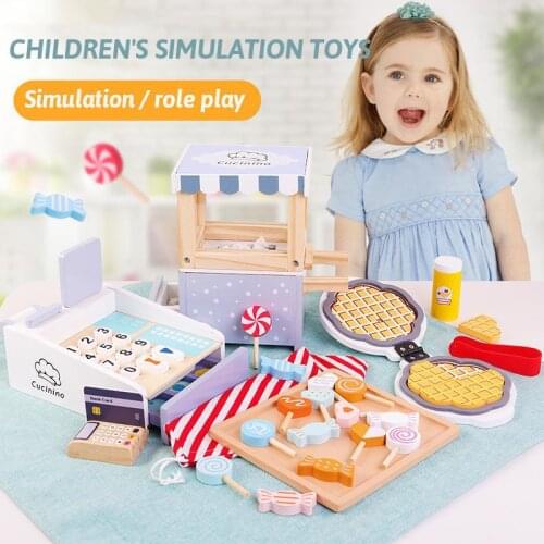 Childrens Wooden Simulation Candy Pancake Machine Cashier Popcorn Vending Cart Kitchen Toys Play House Cooking Kitchenware Set
