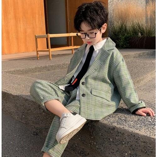 Kindergarten Kids Performance Dress Children Chorus Costume Teenager Boys Formal Suit Plaid Jacket+Pants 2PCS Clothing Set