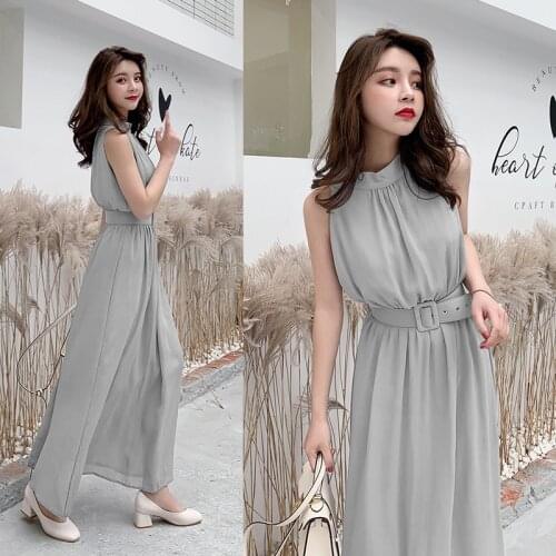 Long Chiffon Dress Women 2019 Summer Slim Sleeveless Beach Dress With Belt Elegant Women Solid Color Party Dress