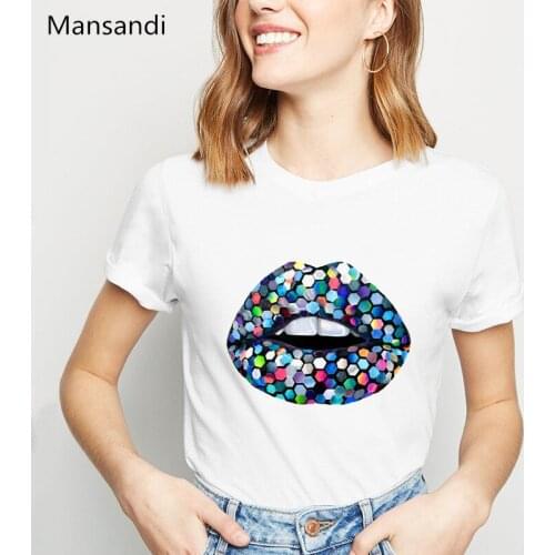 Rainbow Sequin Lips Printed T Shirt Women Make Up Art Tshirt Pride Lgbt Gay Love Lesbian Tee shirt femme summer tops t-shirt