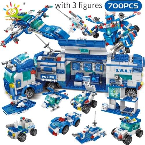 HUIQIBAO TOYS 700PCS 8IN1 Police Trucks Building Blocks City car with Policeman Figures Bricks constuction toy For Children kids