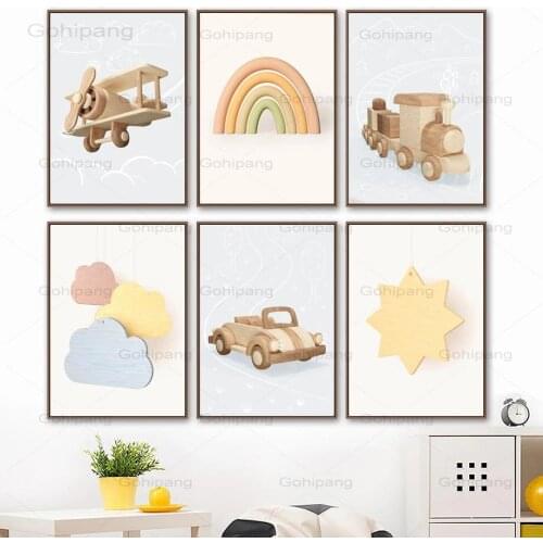 Canvas Painting Star Moon Rainbow Wooden Car Train Plane Posters And Prints Wall Art Pictures Child Kids Room Wall Home Decor