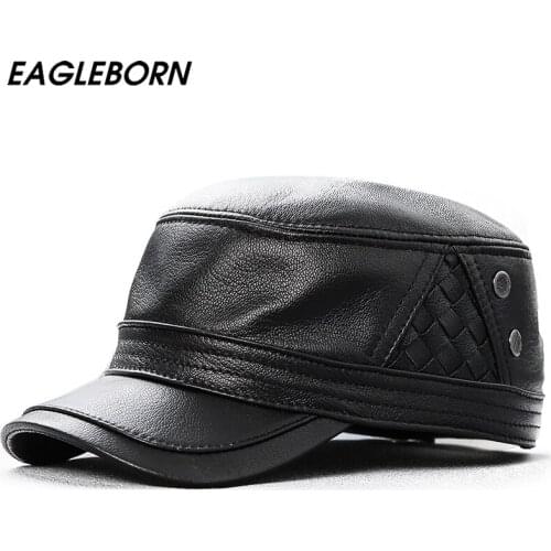 New Solid Leather Cap Military Cap Leather Men Sheepskin Military Cap Woman Hat Outdoor Casual Flat Top Military Cap Sheepskin