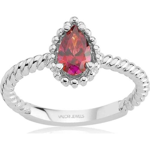 Valori Jewels 0.75 Carat, Zirconia Red Pear Gemstone, Rhodium Plated, Sterling Silver Ring