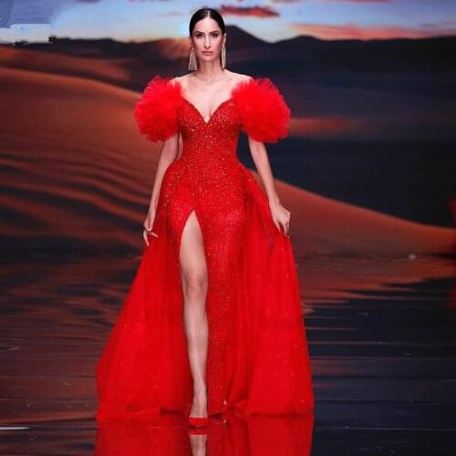 Red Evening Dresses A-line V-neck Tulle Beaded Slit Sexy Dubai Saudi Arabia Long Prom Dress Gown Robe De Soiree