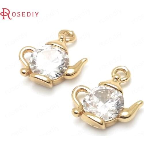 36432)10PCS 14x11MM 24K Champagne Gold Color Brass with Zircon Kettle Charms Pendants High Quality Jewelry Findings Accessories