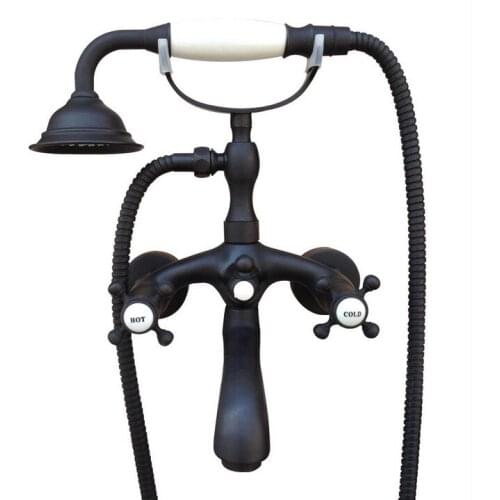 Black Oil Rubbed Brass Double Cross Handles Wall Mounted Claw Foot Bathroom Tub Faucet Mixer Tap With Handshower mtf566