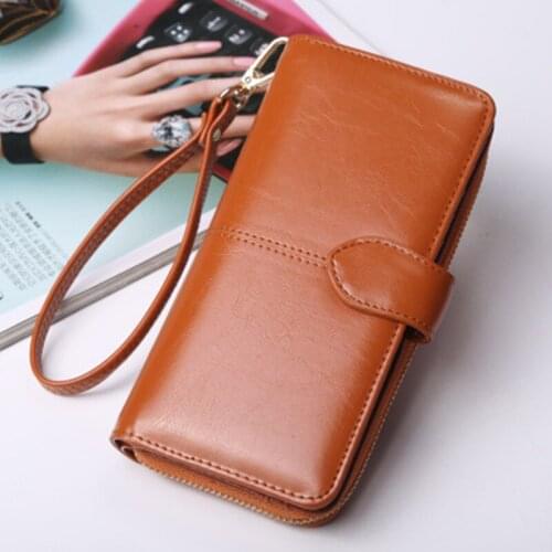 Fashion Oil Wax Women Wallet Korean Lady Phone Hand Bag Luxury Large Capacity Zipper Buckle Oil Skin Pu Clutch Purse