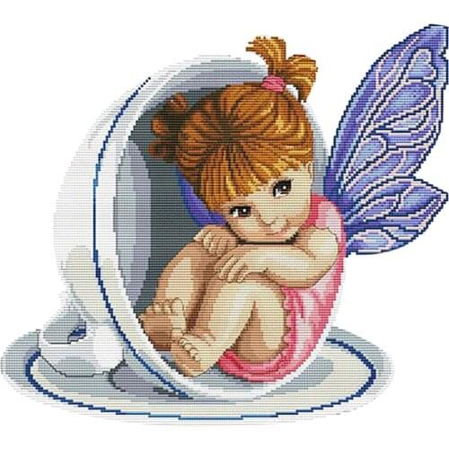 Cross Stitch Embroidery DIY Needlework Kit Set Teacup Angel Motif
