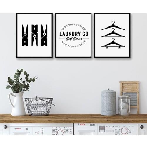 Personalized Wall Art Hanger Clothespin Canvas Painting Black White Poster Wash Dry Print Modern Picture for Laundry Room Decor