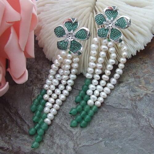 Stylish 3.7" White Freshwater Pearl Green Jade Earrings Zircon Pave Flower Stud