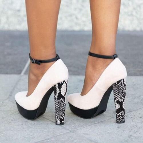 Snakeskin White Black Ankle Strap Platform Pumps Woman High Chunky Heels Buckle Strap Large Size 11 16 Ladies Party Shoes Mature