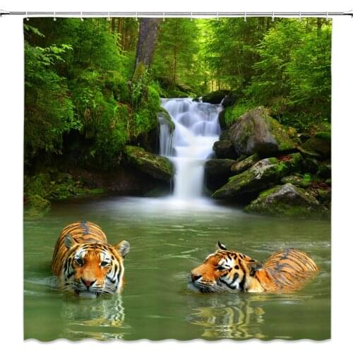 Green Plant Forest Tiger Scenery Bathroom Waterproof Shower Curtain Bath Curtains With Hooks Polyester Cloth Home Bath Curtain