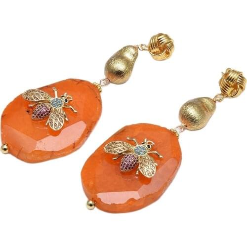 GuaiGuai Jewelry Natural Orange Slice Agate CZ Pave Bee Inset Gold Plated Stud Dangle Earrings Handmade For Women