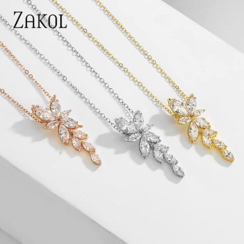 ZAKOL Fashion Zirconia Crystal Leaf Pendant Necklace for Women White Gold Color Wedding Earrings Bridal Jewelry Gift FSNP2131