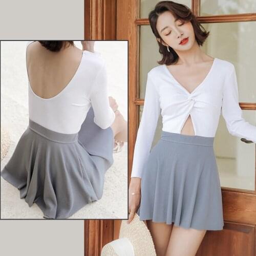 Womens One Piece Skirt Swimsuit Ruched Retro Swimdress Bathing Suit Low Back Cutout Sexy Swimsuit Monokini Long Sleeve Sun Suit