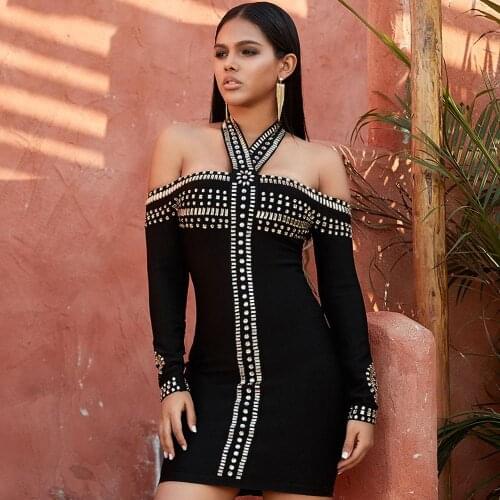 Love Aing 2020 Black Noble Temperament Fashion Bandage Dress Beaded Slim Slimming Waist Banquet Bandage Dress Female