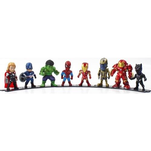 8pcs/lot Avengers Super Hero Thanos Ironman Thor Hulkbuster Captain America Spiderman Black Panther Q Version PVC Figure Toy