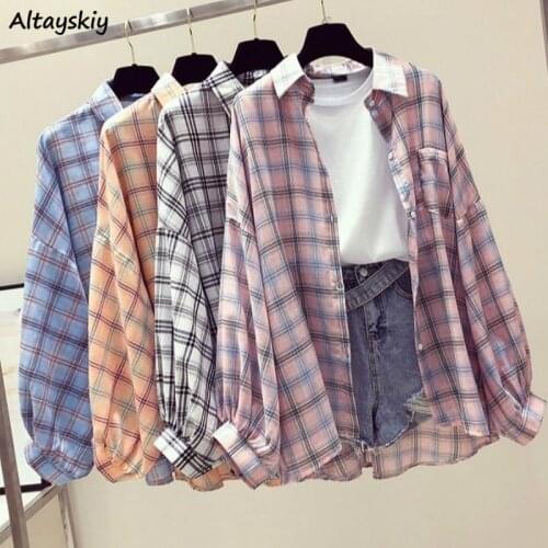 Blouse Womens Summer Breathable Turn-down Collar Oversize Leisure Colorful Comfortable Trendy Chic Lovely Plaid All-match New