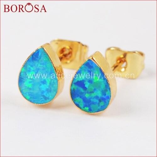 BOROSA 5Pairs Teardrop Blue Opal Stud Earring Plating Color Japanese Opal Earrings Gifts for Women Girls Jewelry G1418