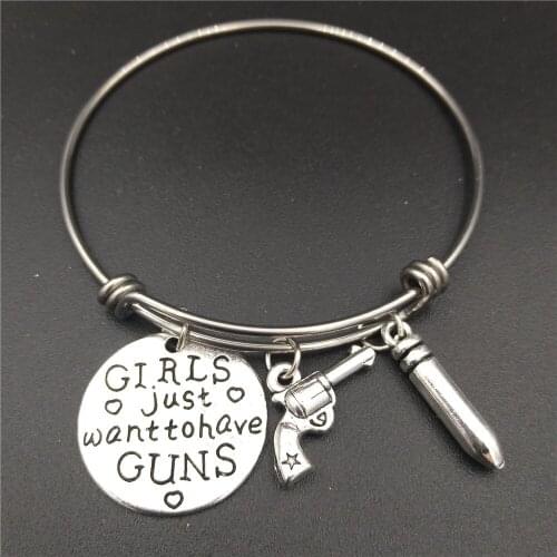 Stainless Steel Expandable Wire Bangle Bracelets Girls Jusr Want to Have Guns Charm Cowgirl Country Girl Jewelry Gifts