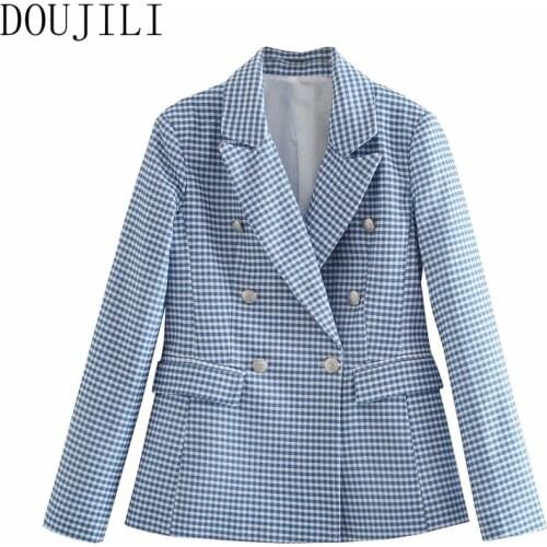 DOUJILI Winter Autumn Suit Coat Fashion Blue Plaid Notched Pocket Fashion Women Office Ladies Blazer Suits