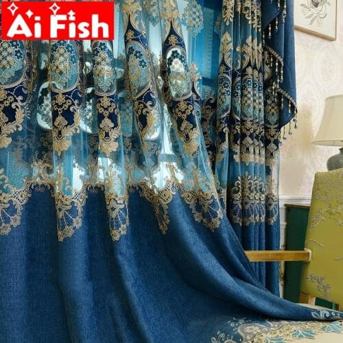 European Blue Royal Luxury Curtains for Bedroom coffee Window Curtains for Living Room Elegant Drapes European Curtains M116-40