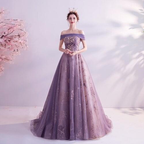 Purple Prom Dresses Long Off the Shoulder Sequins Applique Floor Length Evening Dress Party Gown Formal Dresses vestidos de gala