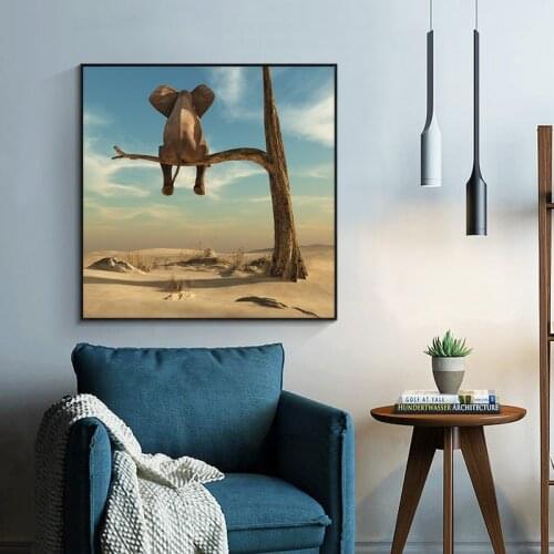 Funny Little Elephant on Tree Modern Animal Pictures Canvas Painting Wall Art Pictures for Living Room Home Decor (No Frame)