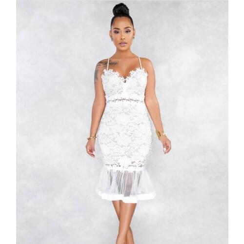 Summer Womens Perspective Lace Fishtail Dress Solid Color Temperament Commute Sleeveless V-neck Sling Sexy Dress High Waist