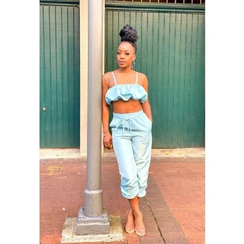 Fashion Bubble Spaghetti Strap Crop Top + Sweatpants Slim Two Piece Set Outfits Casual Streetwear Slim Tracksuit Women Outfits