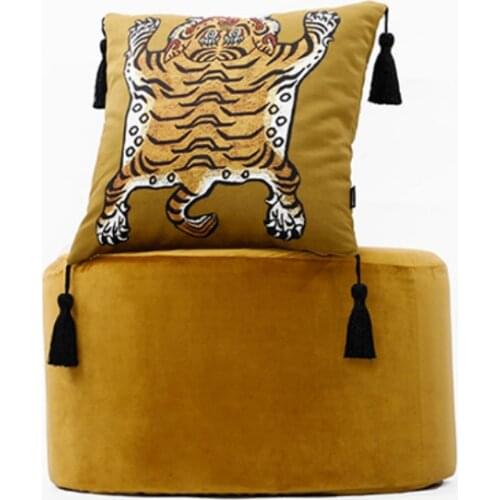 DUNXDECO Cushion Cover Decorative Square Pillow Case Vintage Artistic Tiger Print Tassel Soft Velvet Coussin Sofa Chair Bedding
