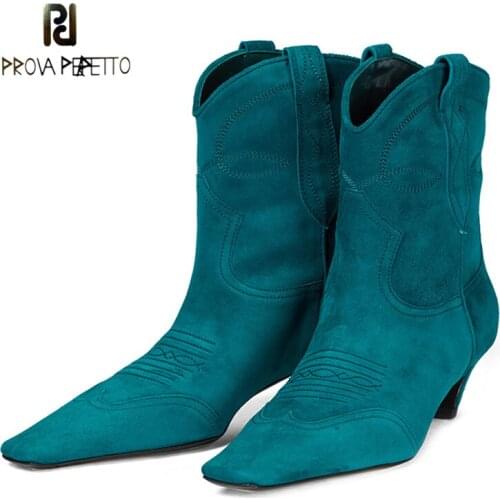 New Blue Genuine Leather Square Toe Stiletto Western Boots 2021 Spring Autumn Vintage Sleeve Mid-heel Martin Boots Knight Boots