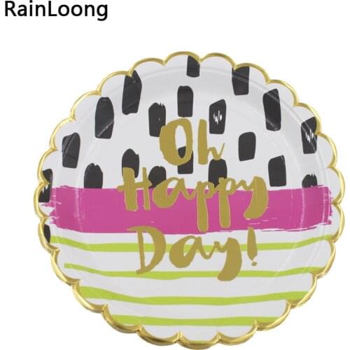 [RainLoong] Disposable Gold Foil Paper Plates 7" Oh Happy Days Tableware For Party Supplies Decoration 8pcs/lot