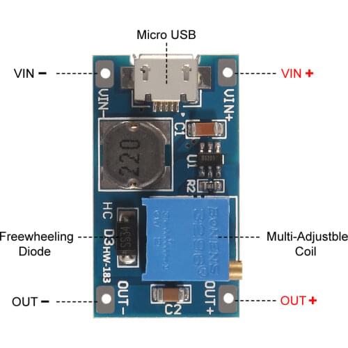 Boost Converter MT3608 DC-DC 2V-24V to 5V-28V 2A Micro USB DC Voltage Regulator Step Up Power Supply Module for Ardunio