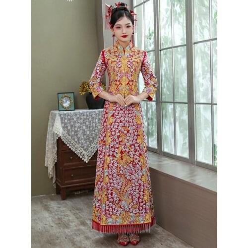Chinese Traditional Wedding Dress Phoenix Embroidery Cheongsam Formal Banquet Costume Vintage Bride Qipao китайская одежда