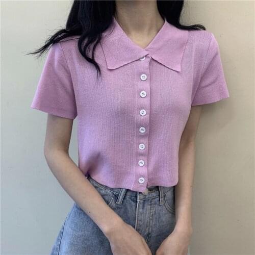 Women T Shirt Casual Short Sleeve T-shirt Knitted Cardigan Shirts Women Harajuku