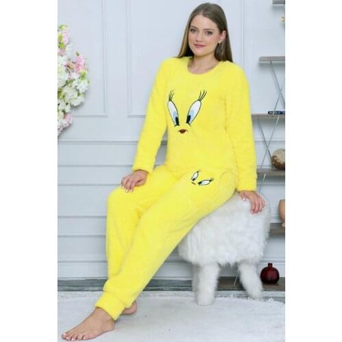 Womens Yellow Bird Pattern Full Plush Pajamas set Turkish Made Stylish Design Quality Product Pleasing Appearance Wink Attractive Trend 2021 new Fashion