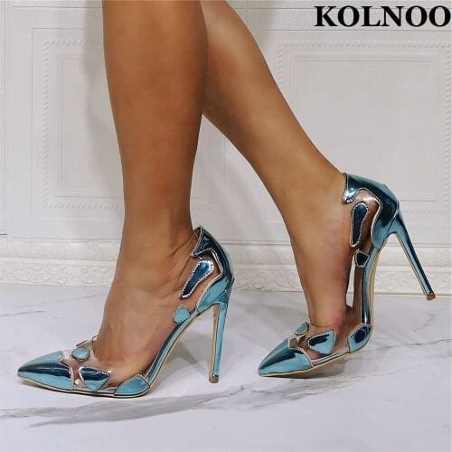 Kolnoo Real Photos New Style Handmade Ladies High Heels Pumps Patchwork PVC Leather Slip-On Dress Shoes Blue Fashion Court Shoes
