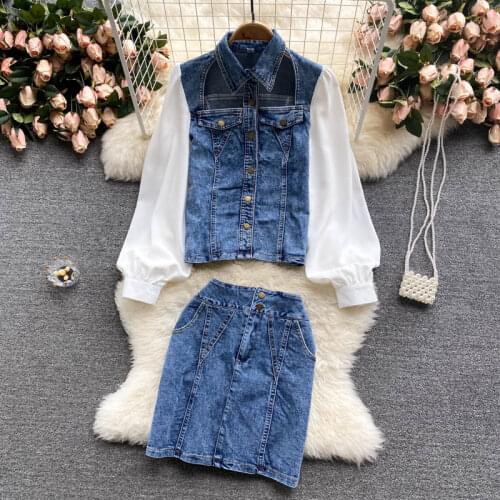 SINGREINY Women Autumn Retro Denim Set Design Hollow Turndown-Collar Long Sleeve Top+High Waist Slim Short Skirt Two Piece Suits