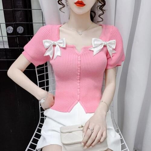 Summer sweet bow short-sleeved sweater women 2021 new temperament bubble-sleeved short top women casual