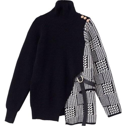 Patchwork Winter Autumn Women Sweater Pullovers High Neck Sweaters Loose and Lazy Knitted Sweater Coat